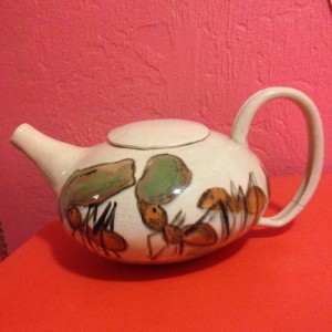 "Ant Teapot" earthenware, underglaze, glaze 7" x 12" x 9"